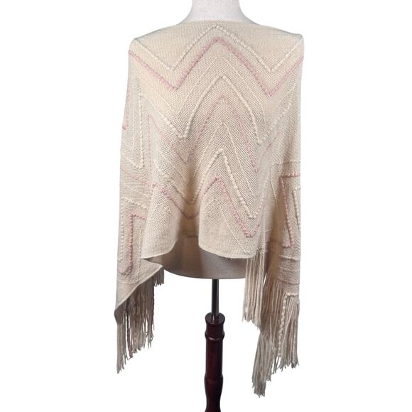 Karma Cream & Peach Textured Knit Poncho Pullover Fringe Boho Hippie Festival - Picture 3 of 7